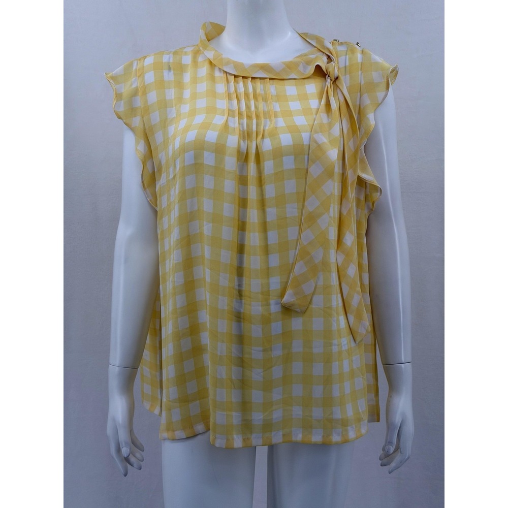 Liz Claiborne Top Women 2XL Yellow White Check Bow Tie Neck Ruffle Picnic Spring